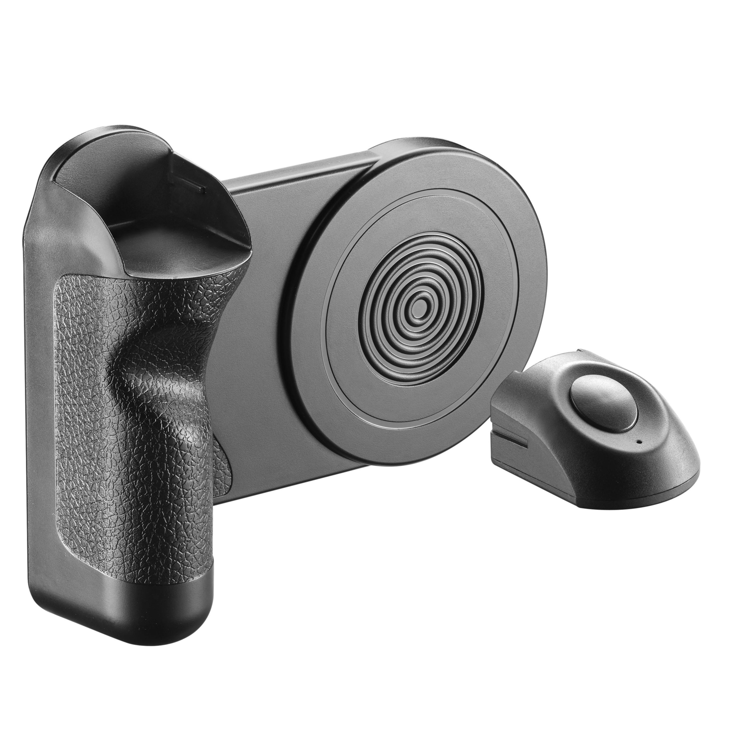 Black camera grip and remote control. The grip has a textured handle, and the remote has a button.