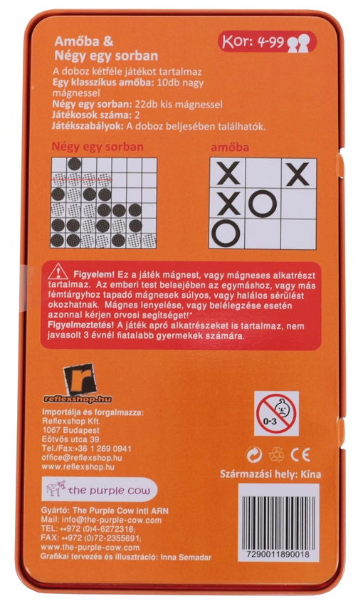 Dobozos társasjáték, Amőba & Négyszín sorban. A doboz játéktáblákat és szabályokat mutat magyarul.
