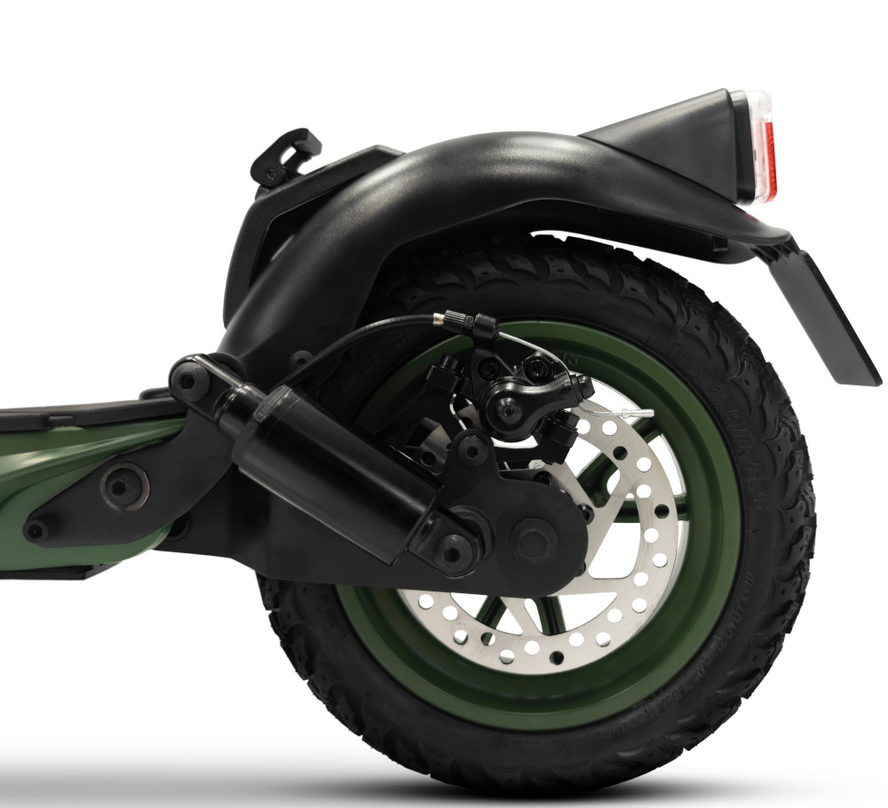Achterwiel elektrische scooter met schijfrem en spatbord. Groen en zwart.