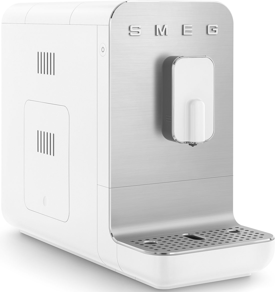 Una macchina per caffè espresso SMEG bianca e argento con erogatore d'acqua frontale.