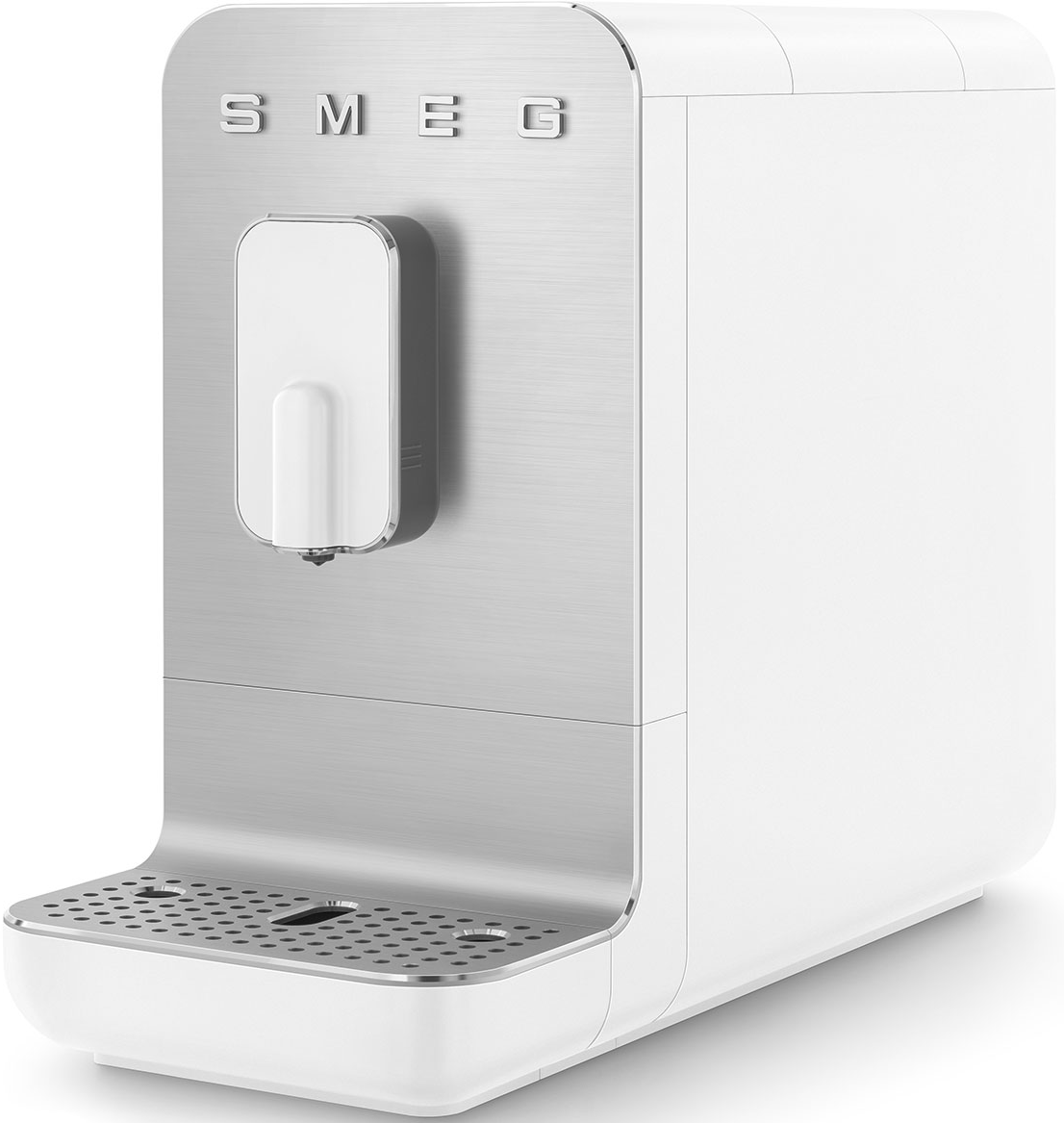 Una macchina da caffè SMEG bianca e metallica con erogatore d'acqua e vassoio raccogli gocce.