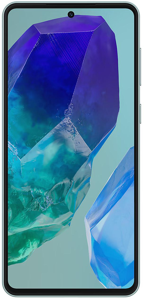 Smartfon z niebieskim krystalicznym obrazem na ekranie.