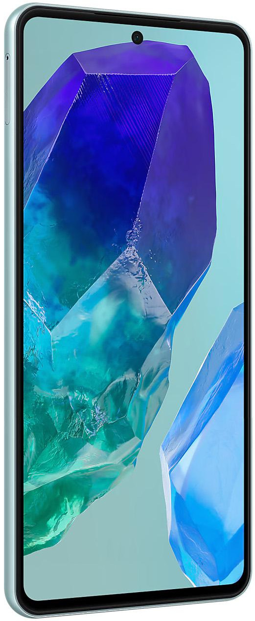 Jasnoniebieski telefon z krystalicznym obrazem. Widok z boku.