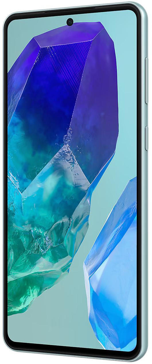 Miętowy smartfon z abstrakcyjnym wzorem przypominającym kryształ na ekranie.