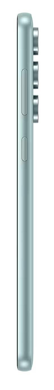 Widok z boku jasnoniebieskiego telefonu z przyciskami. Białe tło.