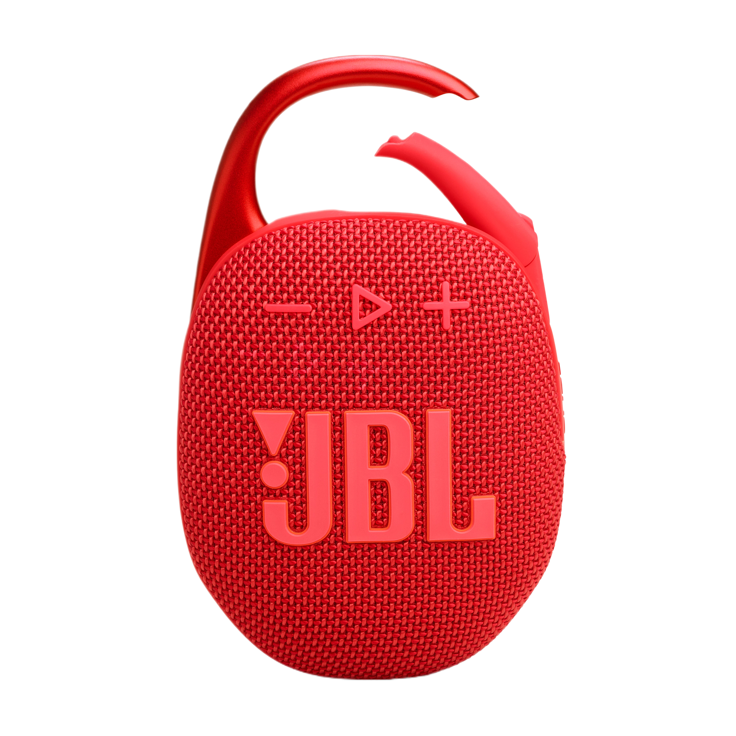 Un haut-parleur JBL Clip rouge avec un clip rouge, boutons plus et moins.