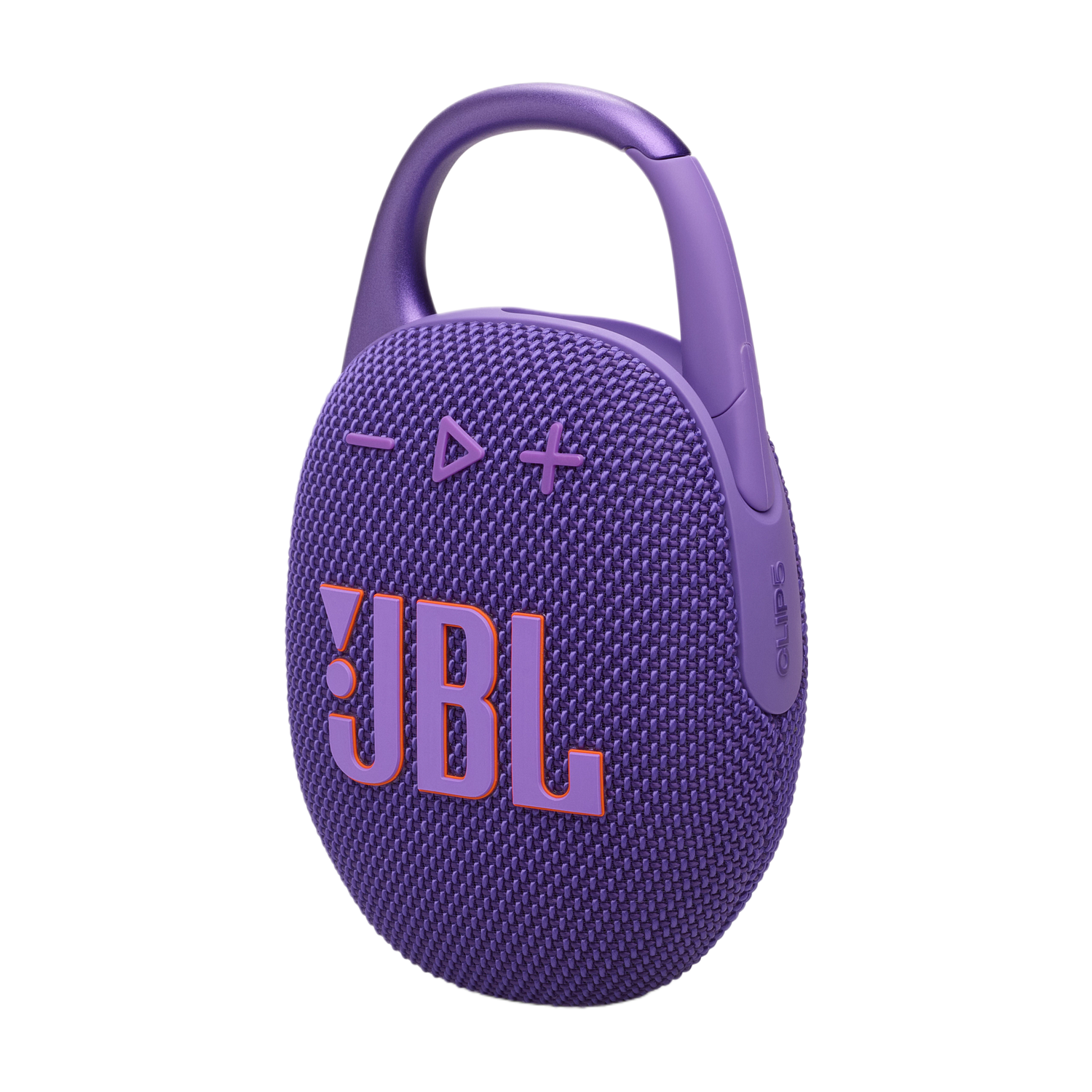Enceinte portable violette JBL Clip 5 avec mousqueton. Le haut-parleur porte le logo JBL en orange.