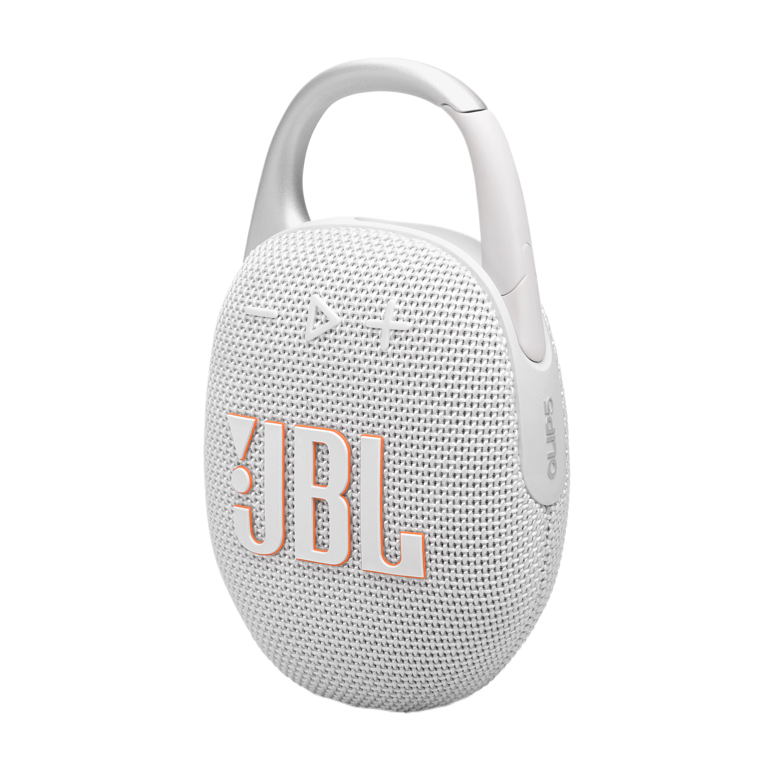 Un haut-parleur JBL Clip 5 blanc avec une poignée blanche. JBL et Clip 5 sont visibles.