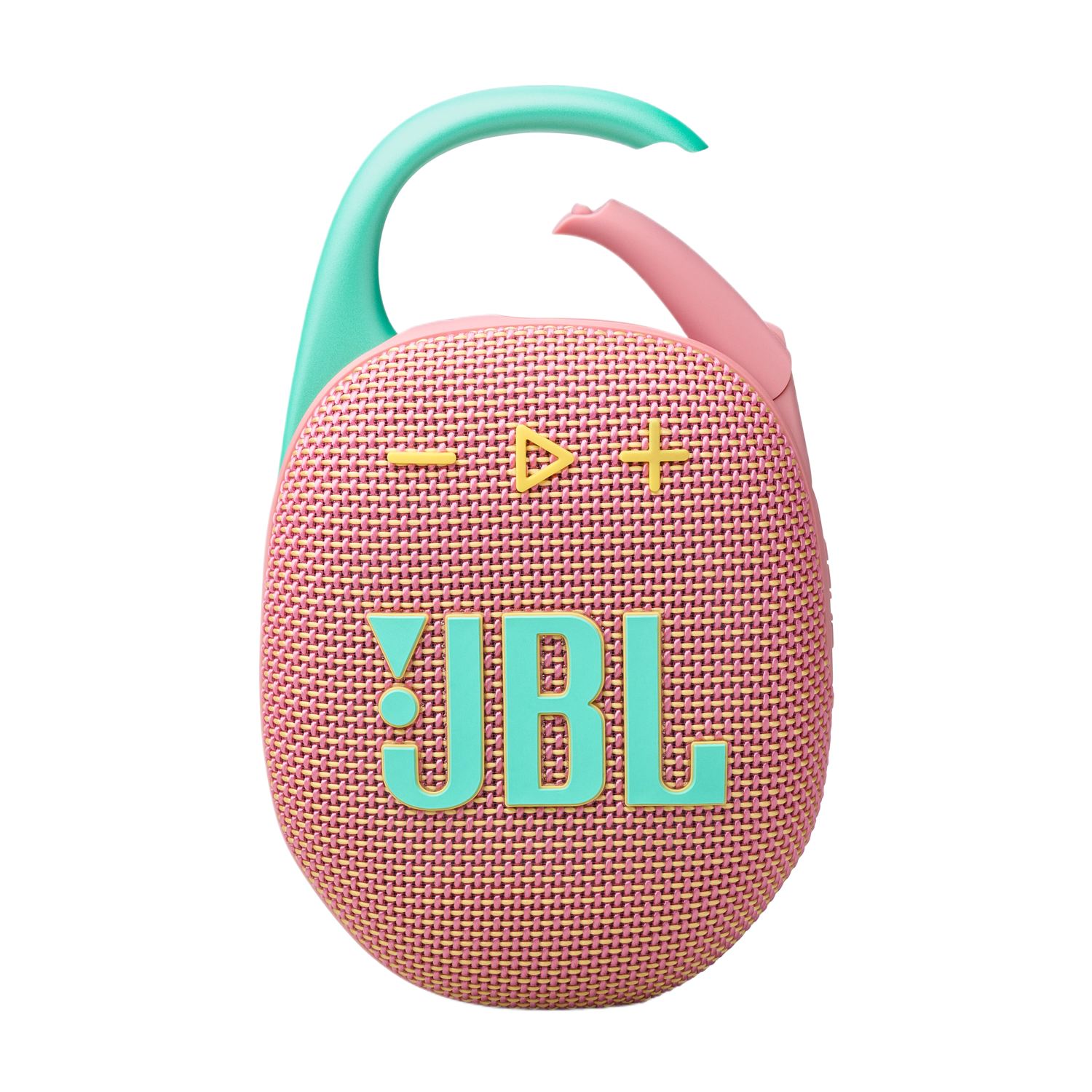 Haut-parleur JBL Clip. Corps rose, clip et boutons verts. Fond blanc.