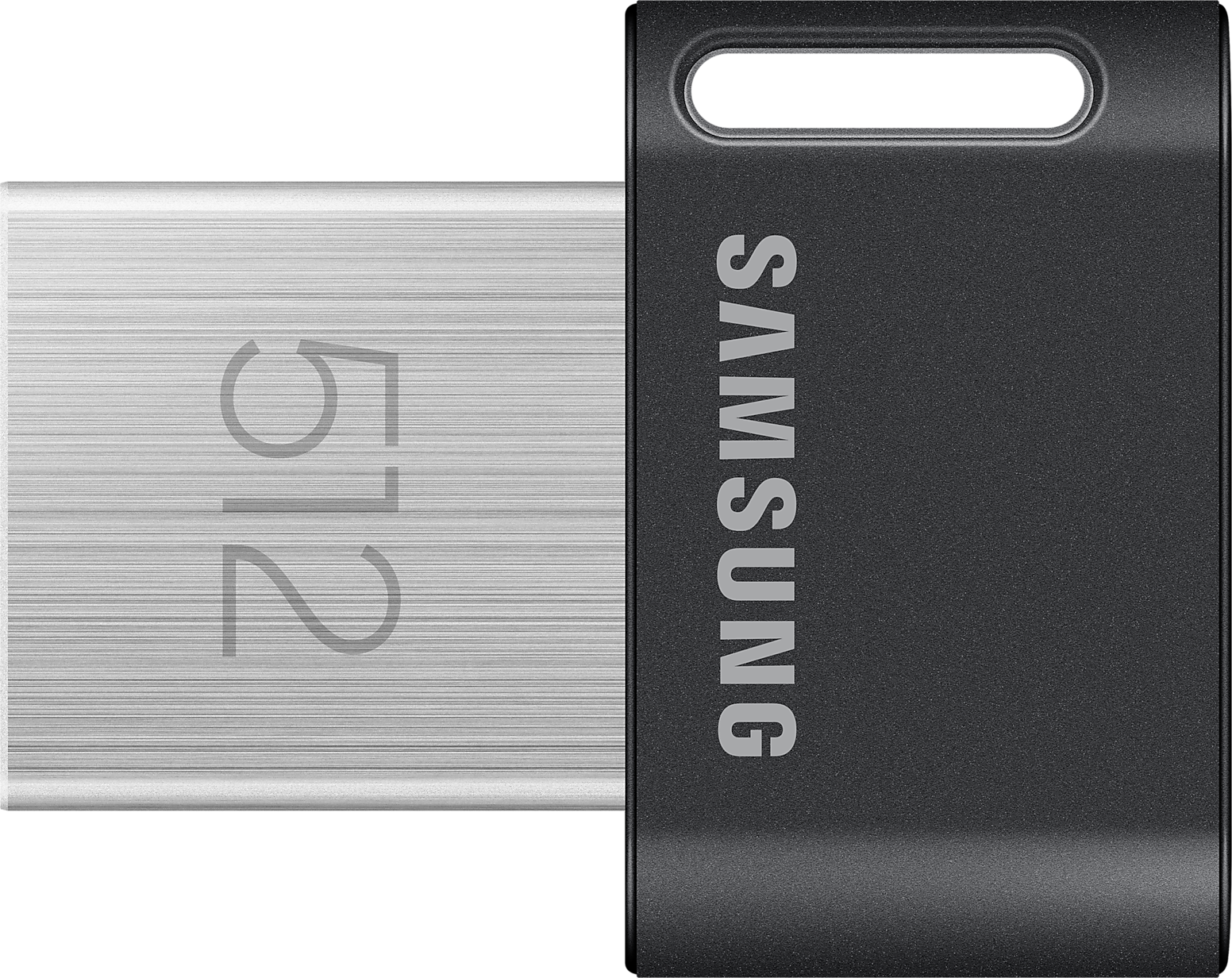 Egy fekete és ezüst USB meghajtó. A meghajtóra a Samsung márka van nyomtatva.