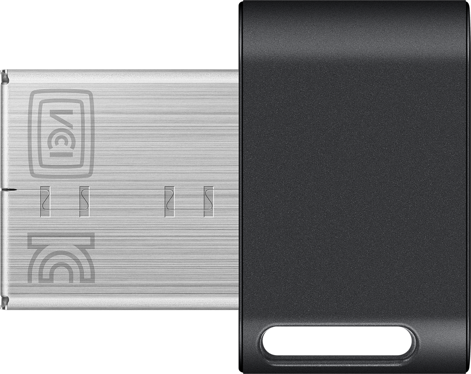 Egy USB flash meghajtó. Az egyik oldala ezüst, szöveggel, a másik fekete. Fehér háttér.