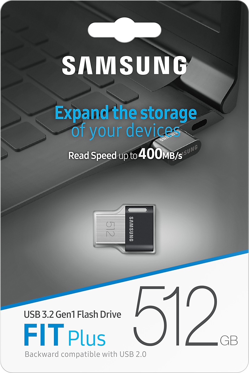 Samsung Fit Plus USB meghajtó csomagolásban, szöveggel és logóval.