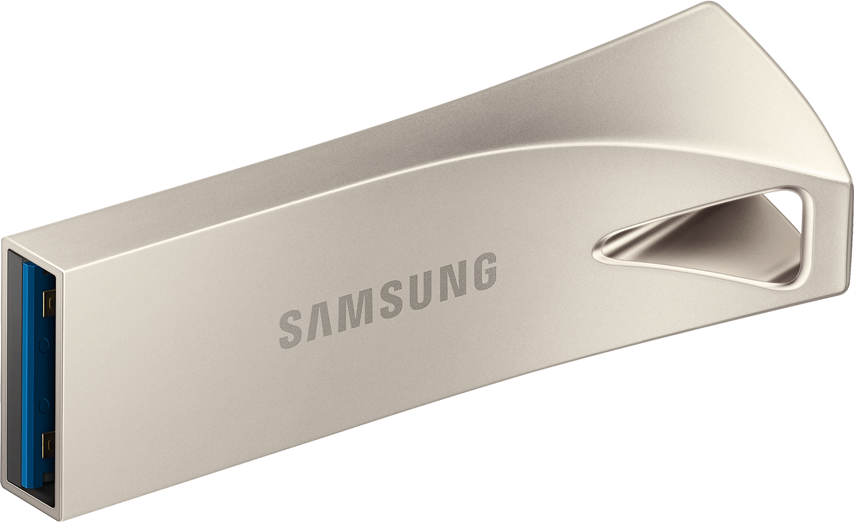 Egy ezüst Samsung USB flash meghajtó. Ívelt kialakítású, a Samsung logó látható.