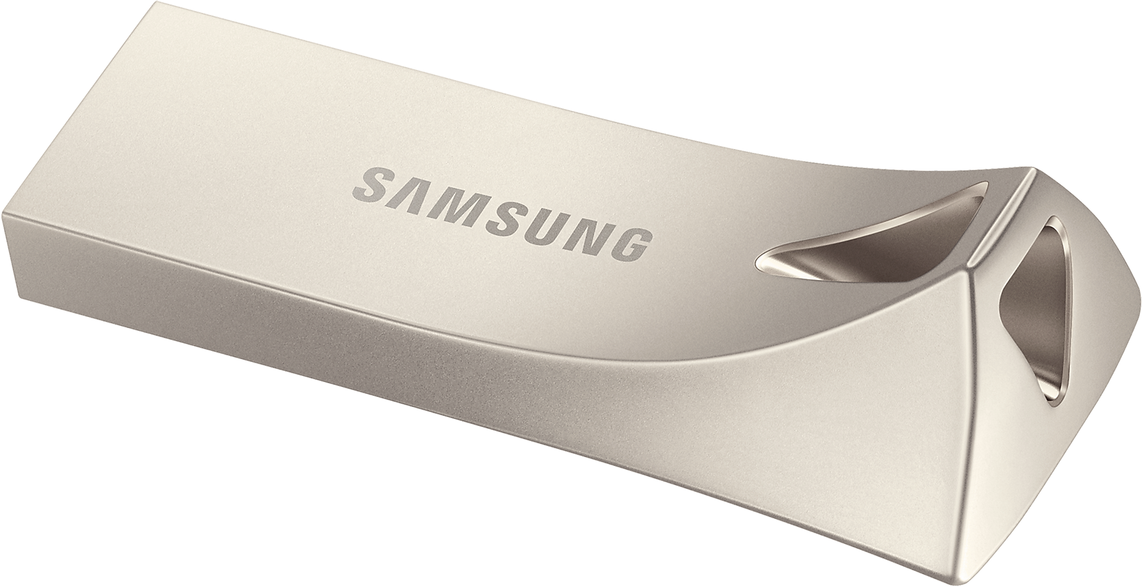 Ezüst Samsung USB meghajtó, a márkanevet nyomtatva, fekete háttérrel.