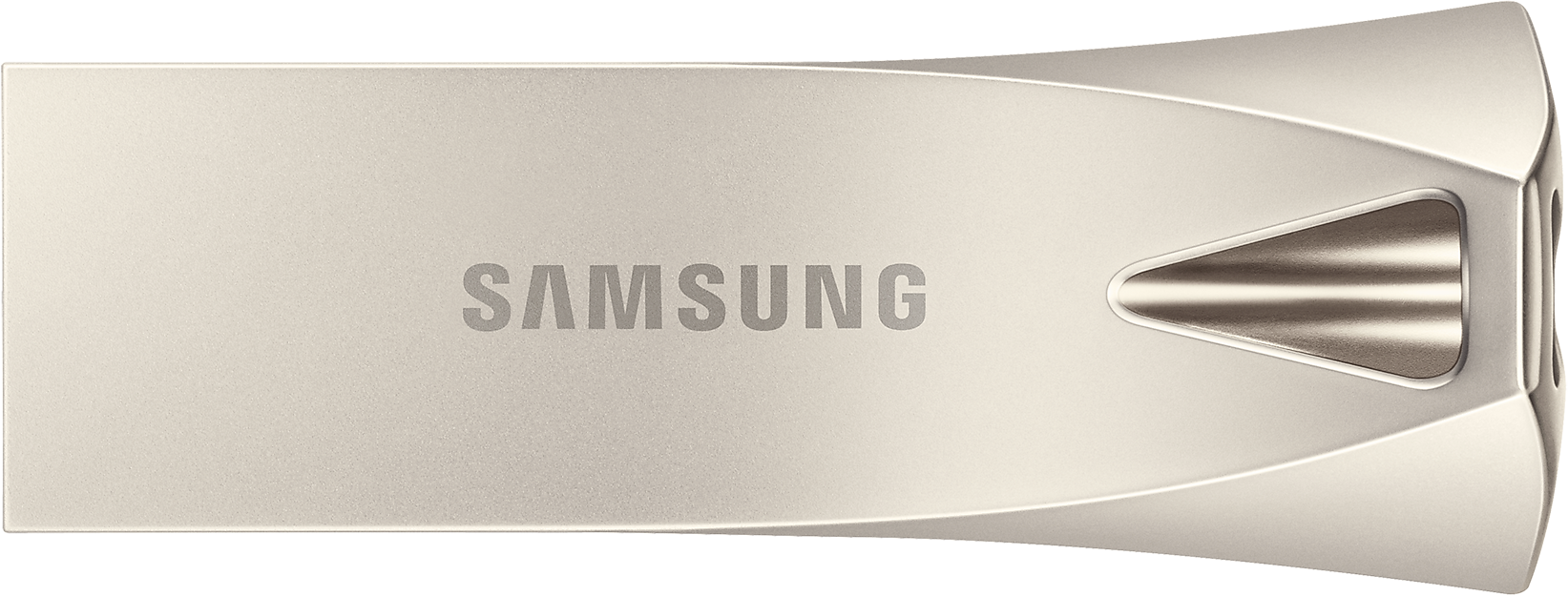 Egy ezüst Samsung USB flash meghajtó, rajta a SAMSUNG logóval.