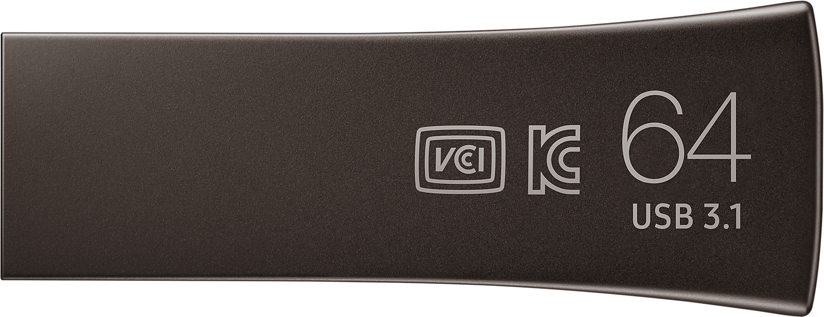 Egy sötétszürke USB 3.1 flash meghajtó. Megtalálható rajta a VCI, FCC jelzés és a 64-es szám.