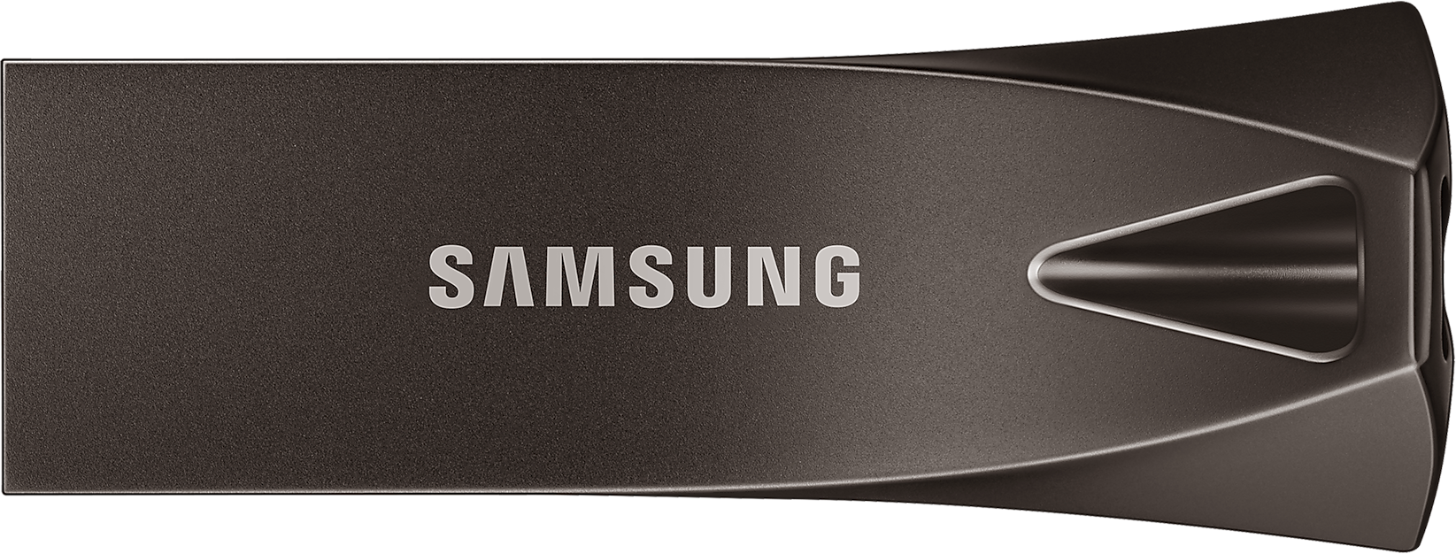 Ezüst USB meghajtó "SAMSUNG" felirattal. A meghajtó ívelt élekkel rendelkezik.