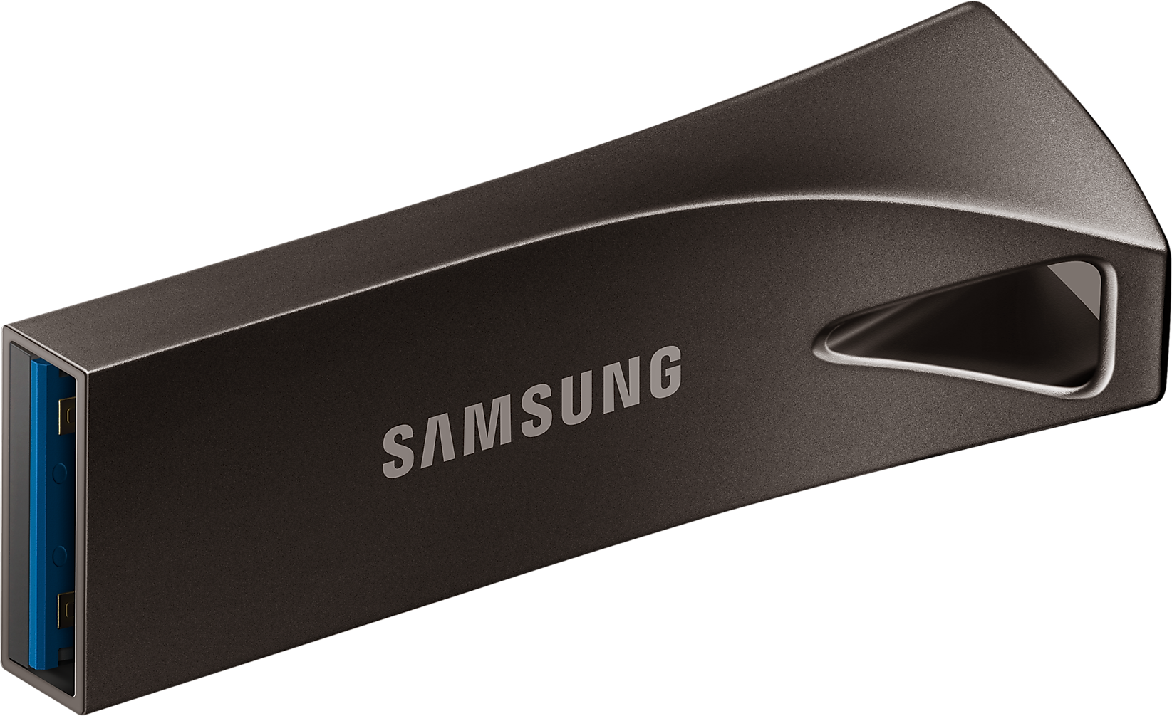 Ezüst Samsung USB flash meghajtó. A márkanév a homlokzaton van nyomtatva.
