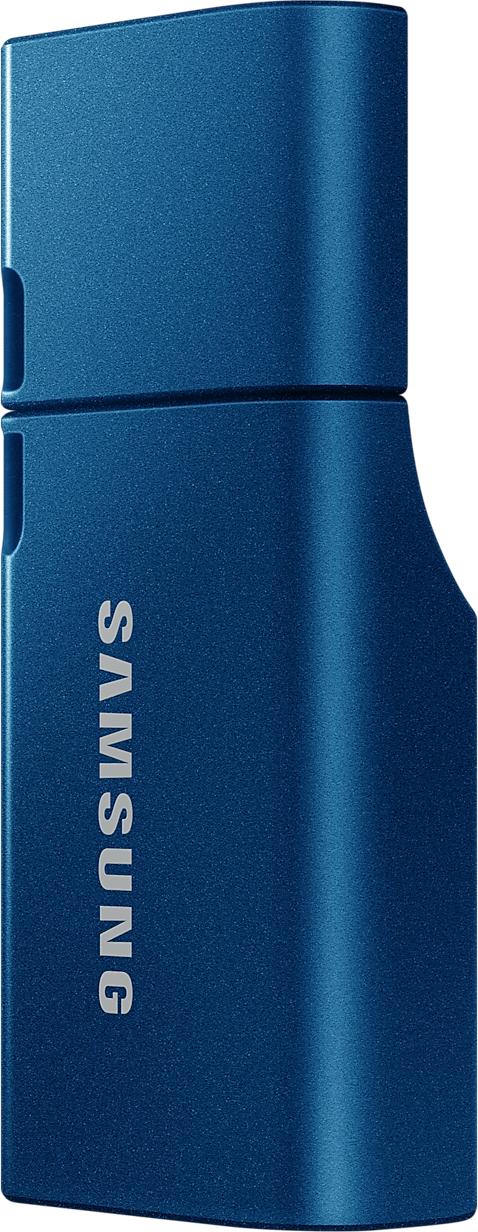 Kék Samsung USB meghajtó, függőleges nézet, sima fekete háttér.