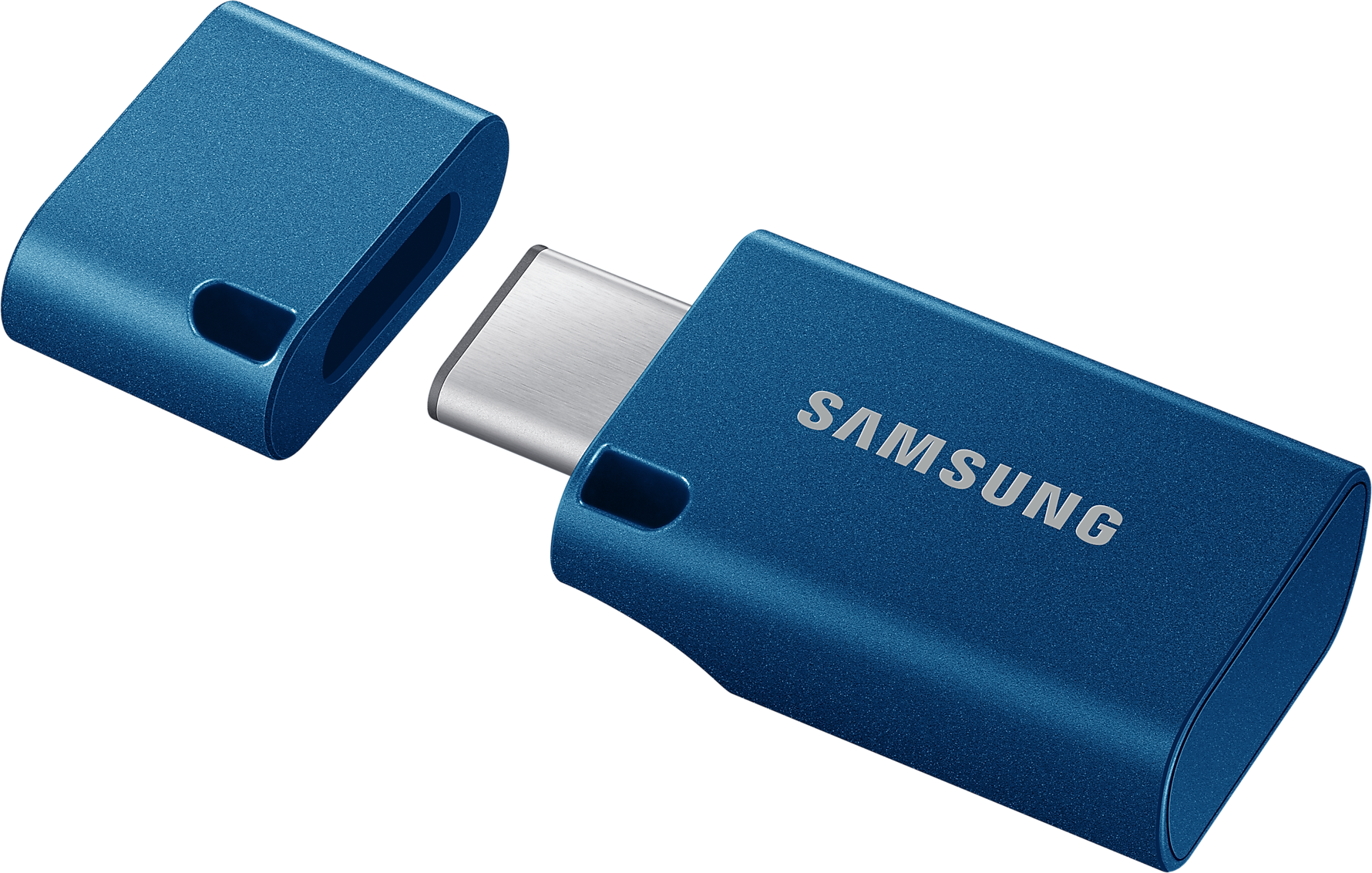 Egy kék Samsung USB-meghajtó nyitott kupakkal fekete háttér előtt.
