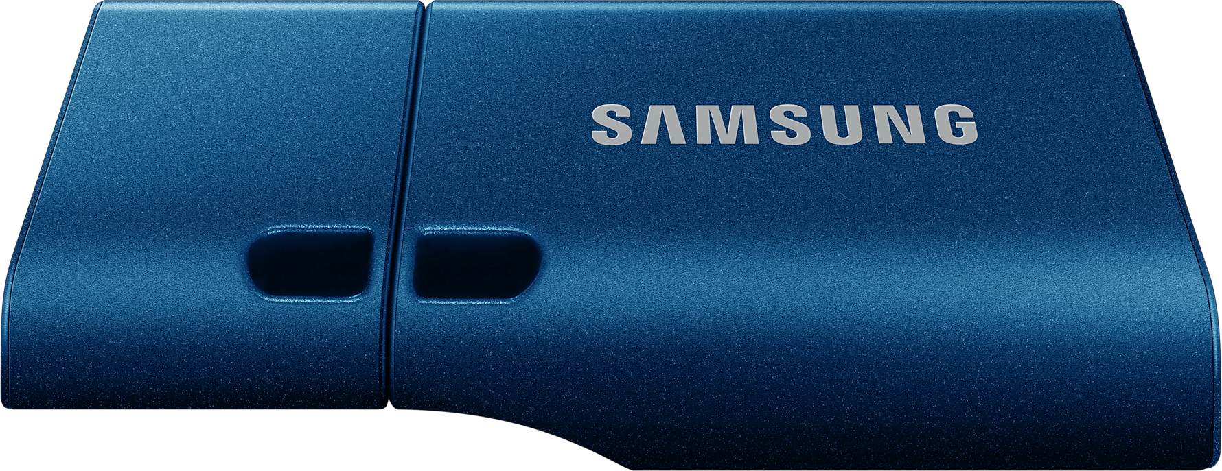 Egy kék Samsung külső merevlemez, a márkanévvel fehér színben.
