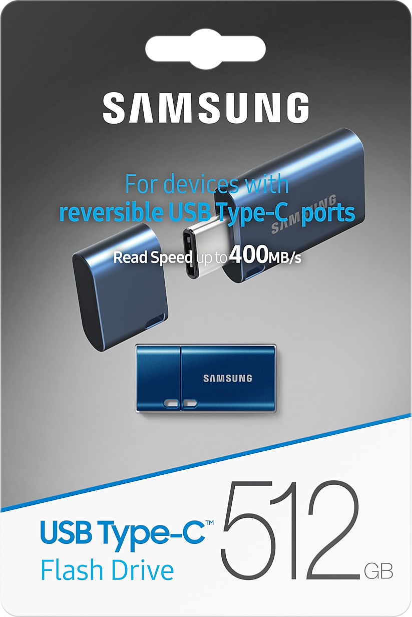 Kék USB Type-C pendrive egy csomagban, a funkcióiról szóló szöveggel.
