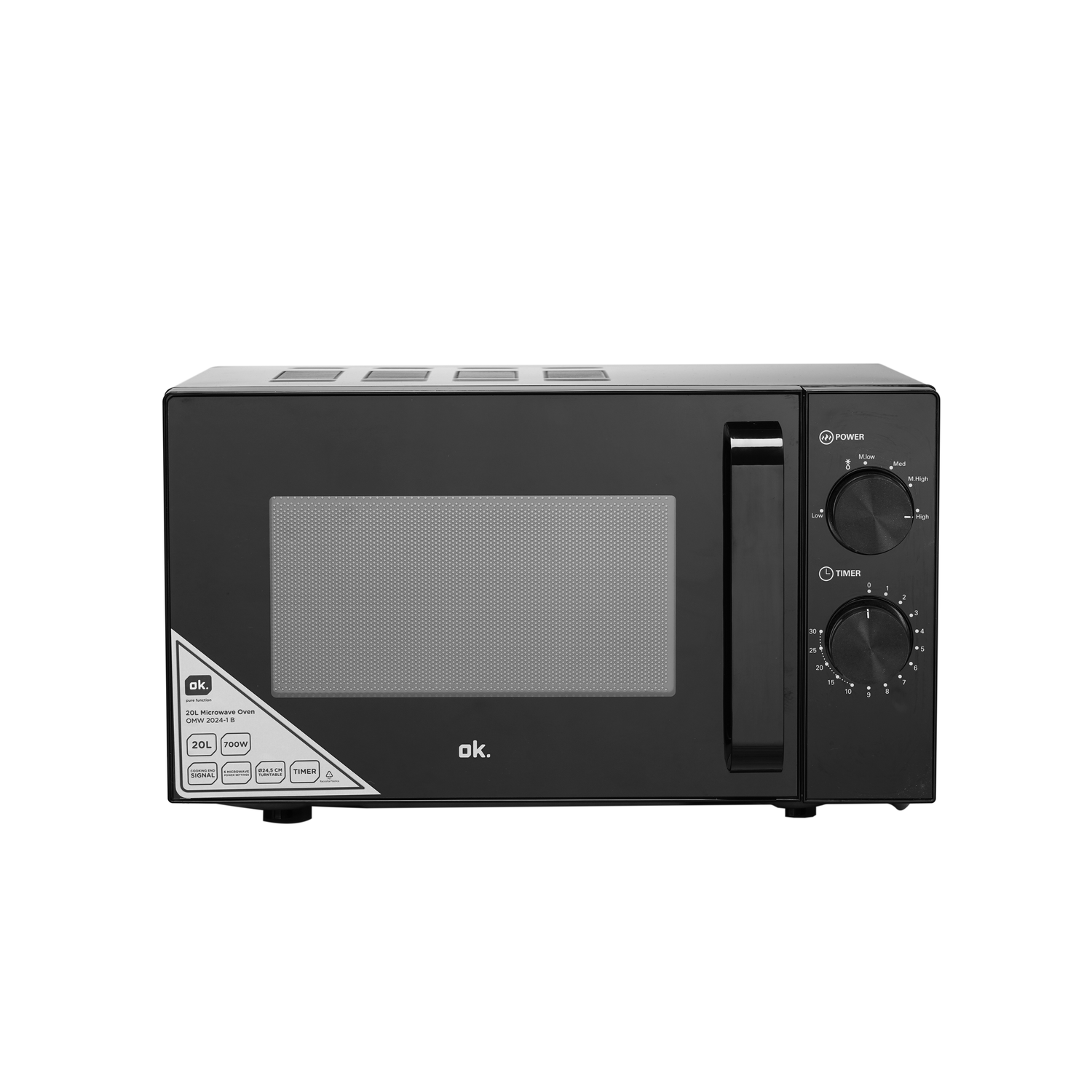 Black microwave oven with control panel on the right side. The brand name is 'ok.'