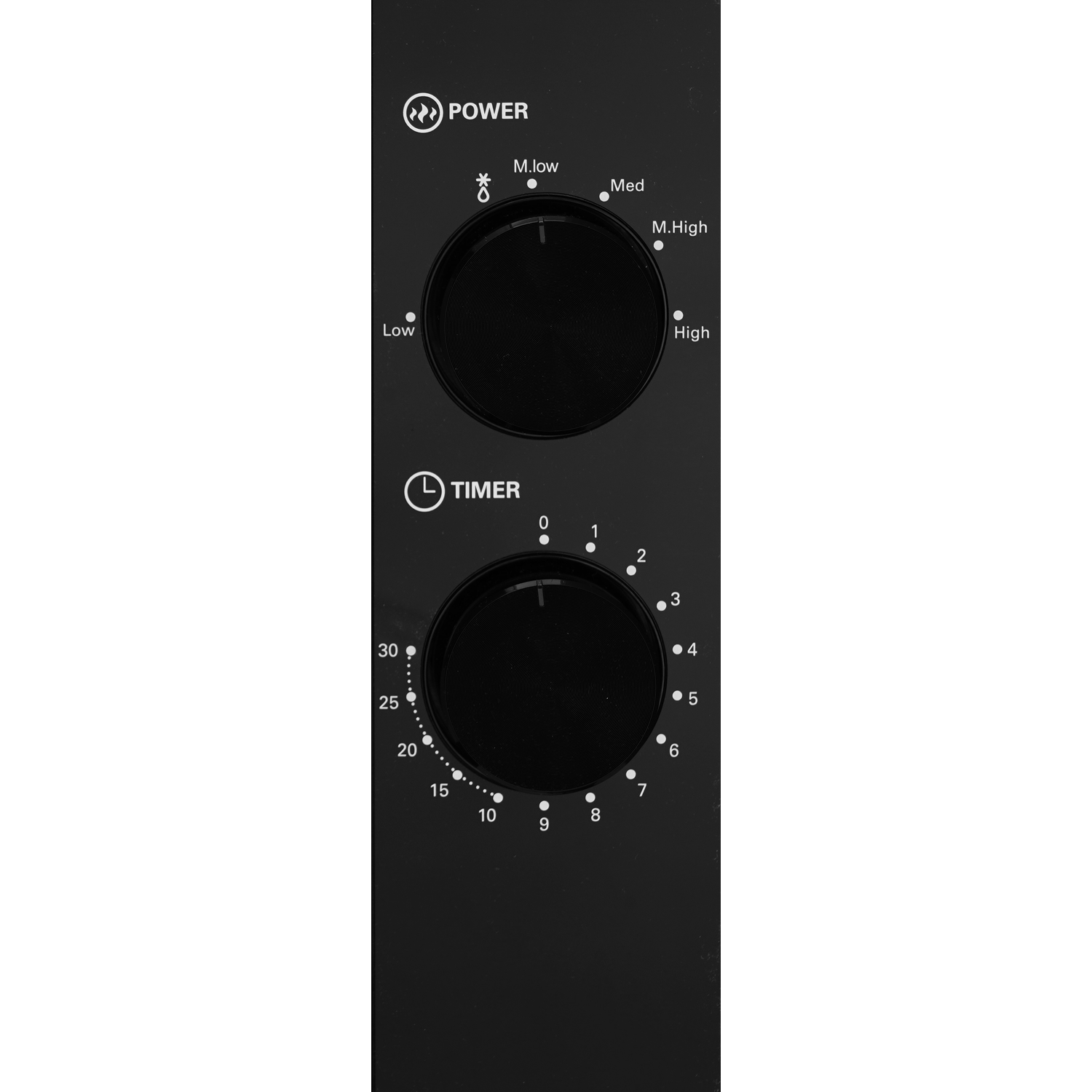 Black control panel with power and timer dials. Power has settings: Low, Med, High. Timer counts up to 30 minutes.