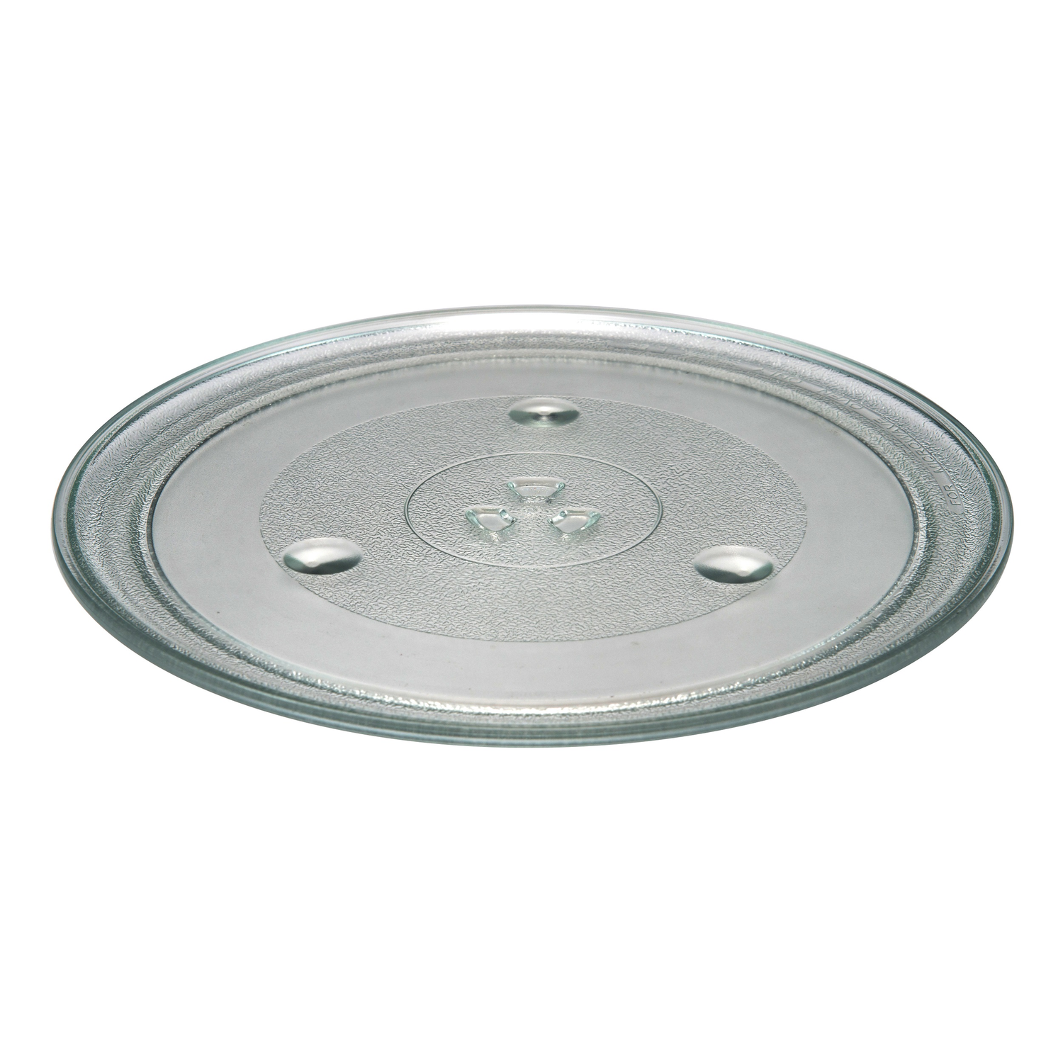 A clear glass microwave plate with three circular indentations.