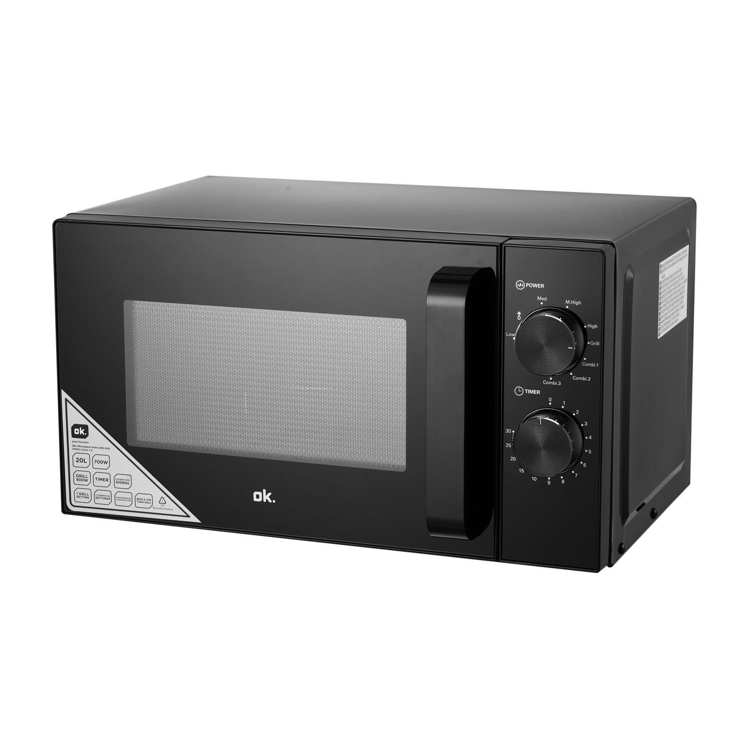 A black microwave oven with a glass door and two control knobs for power and timer.