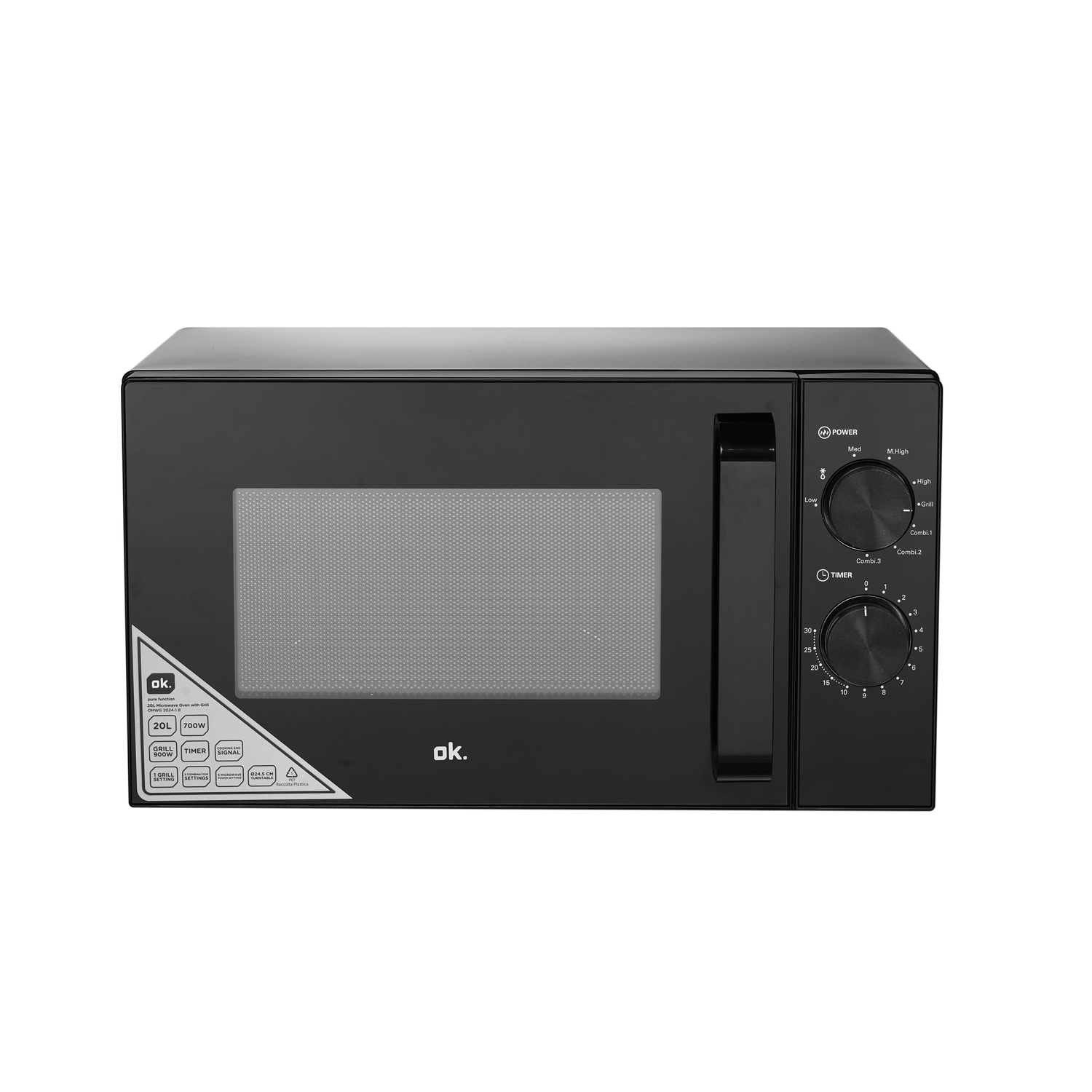 Black microwave with power and timer dials, white labeling.