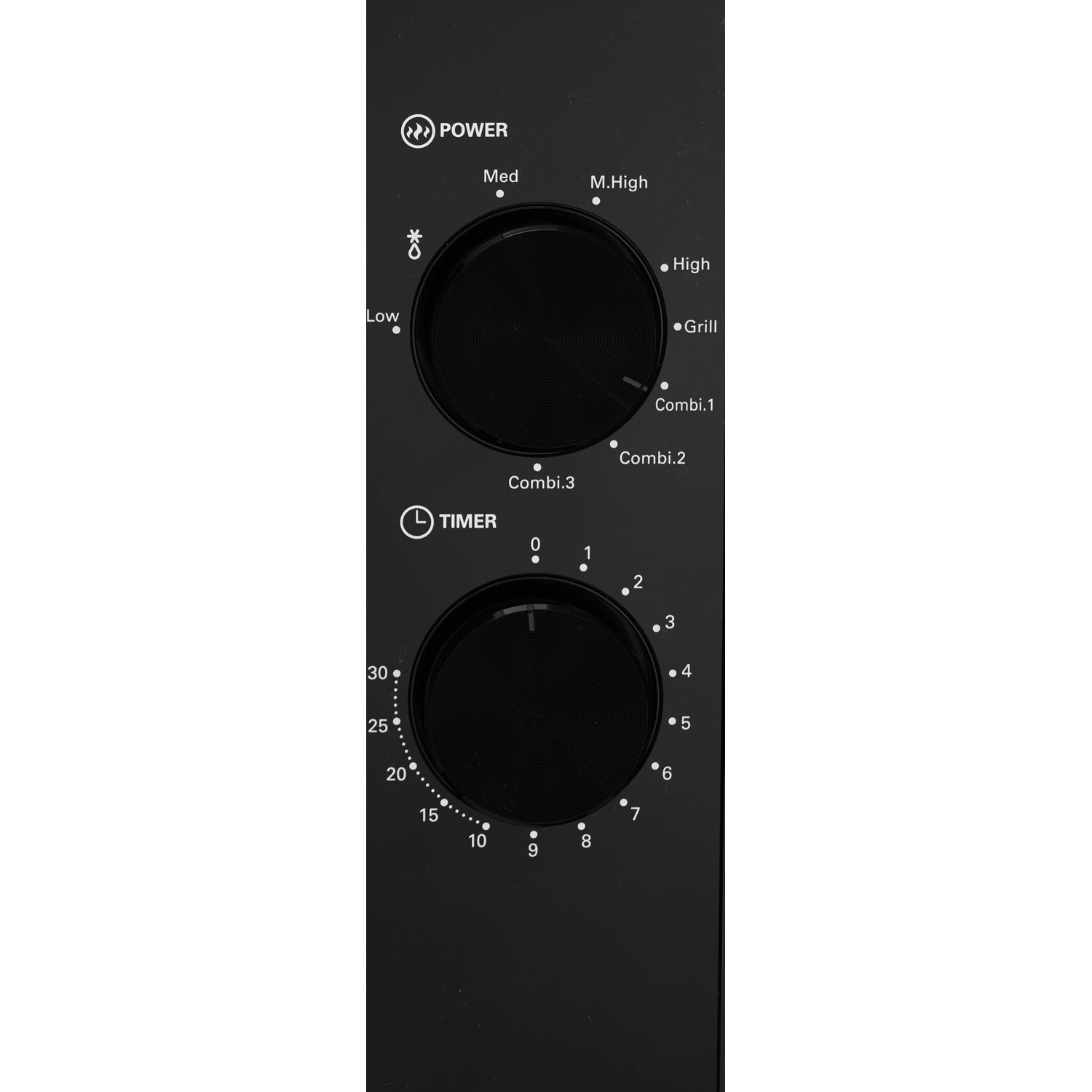 A black control panel with two dials for power and timer settings.