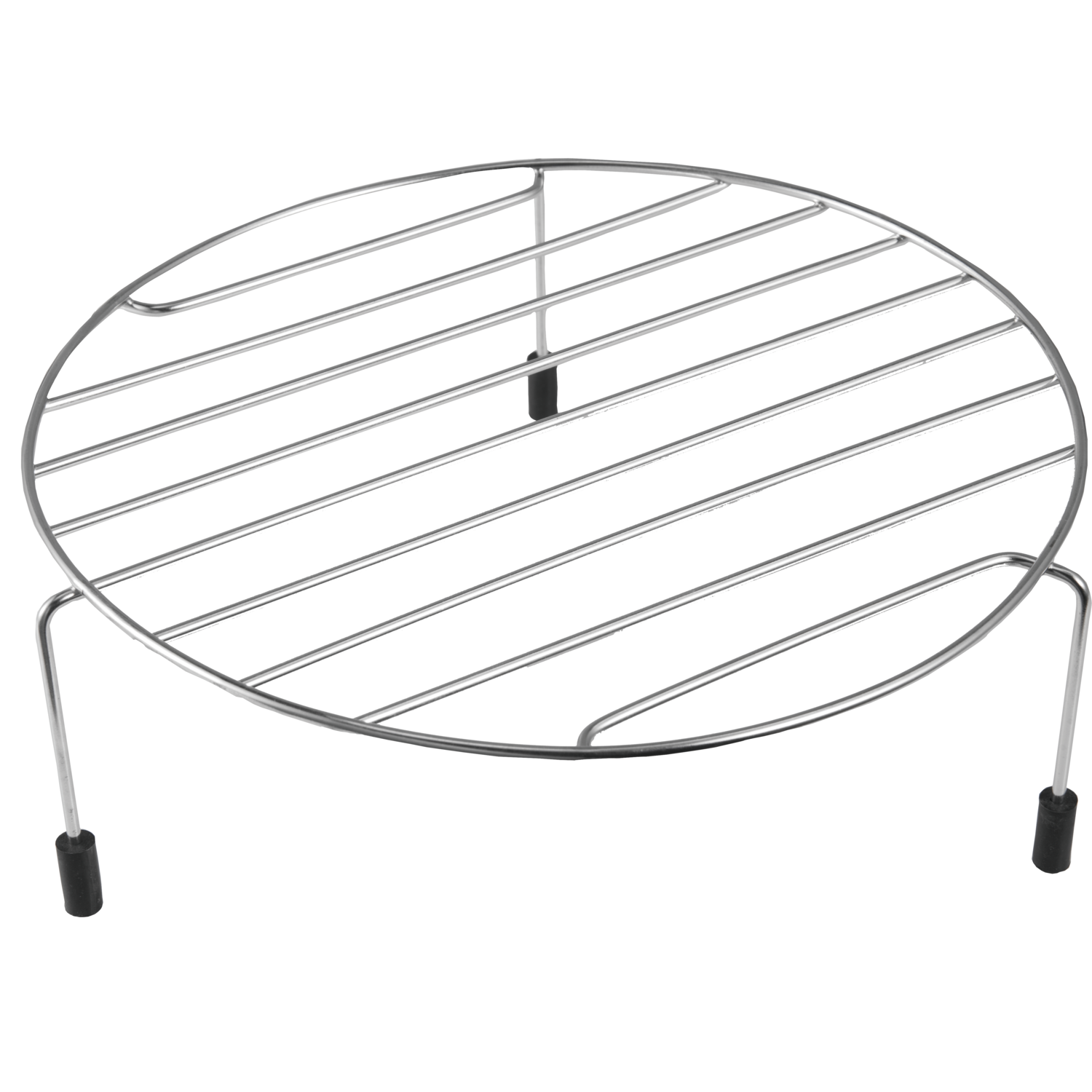 A round, silver cooling rack with three legs and black feet.