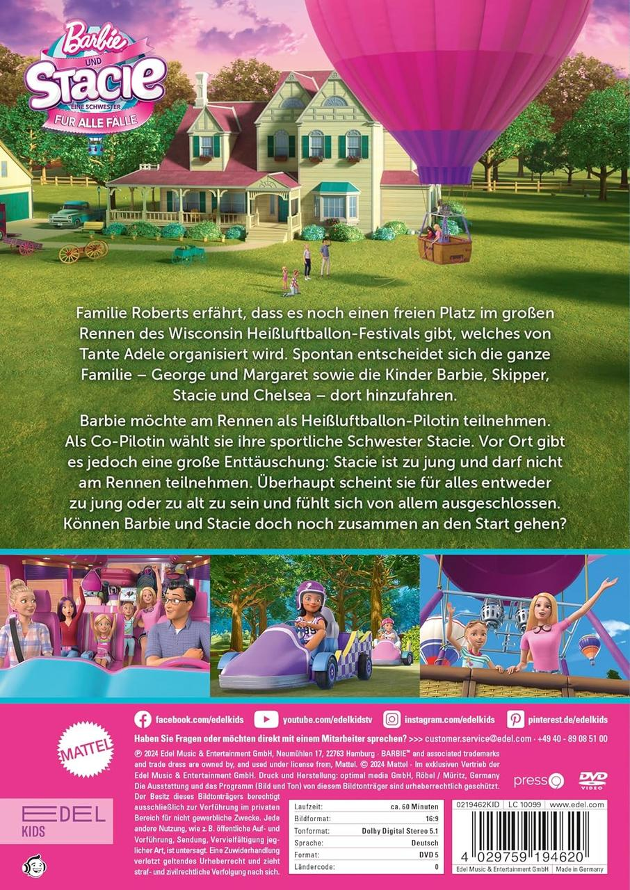 Barbie und Stacie Filmplakat, lebhafte Szene mit Haus, Heißluftballon und Figuren. Text auf Deutsch.
