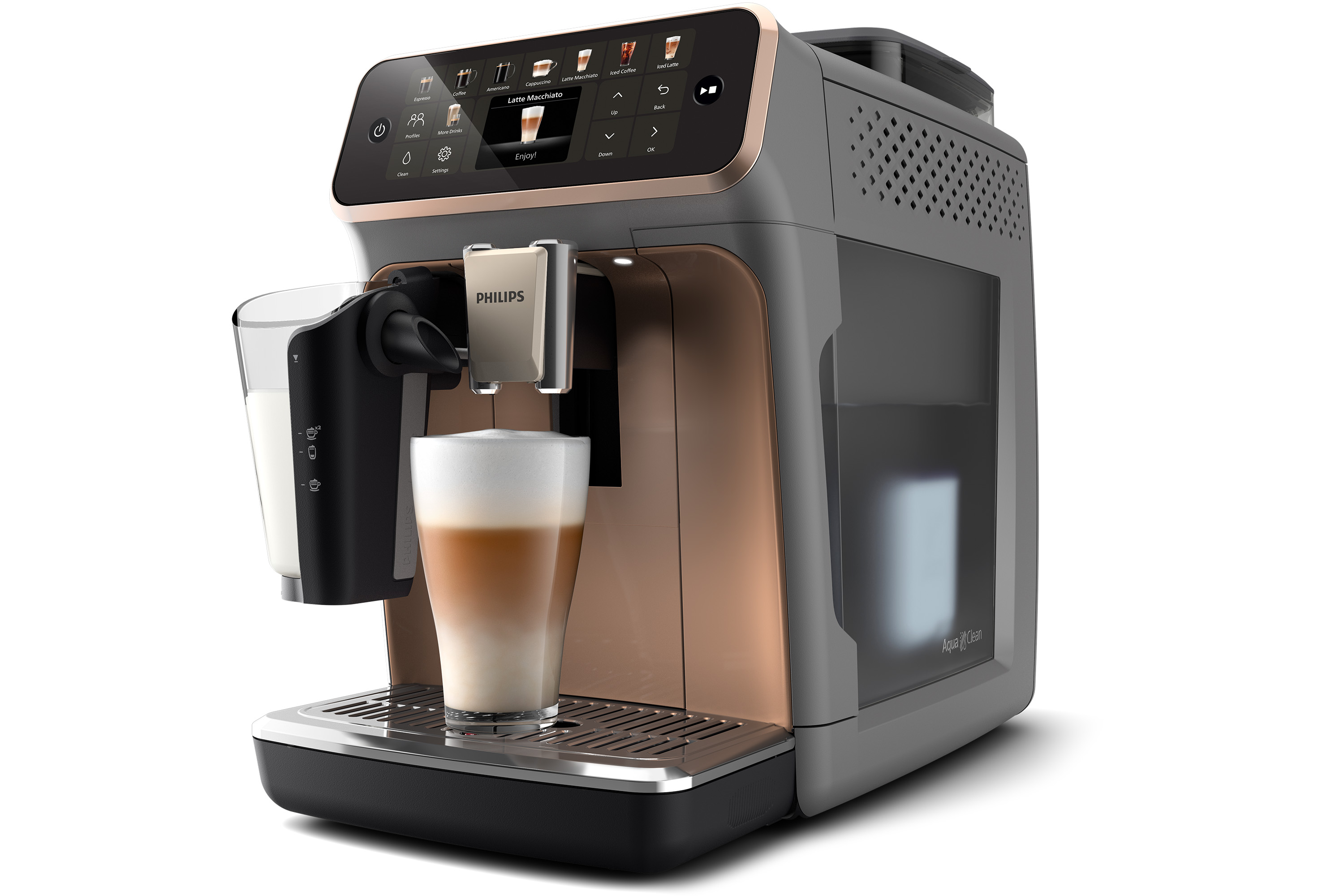 Sütlü latte yapan bir Philips otomatik kahve makinesi.