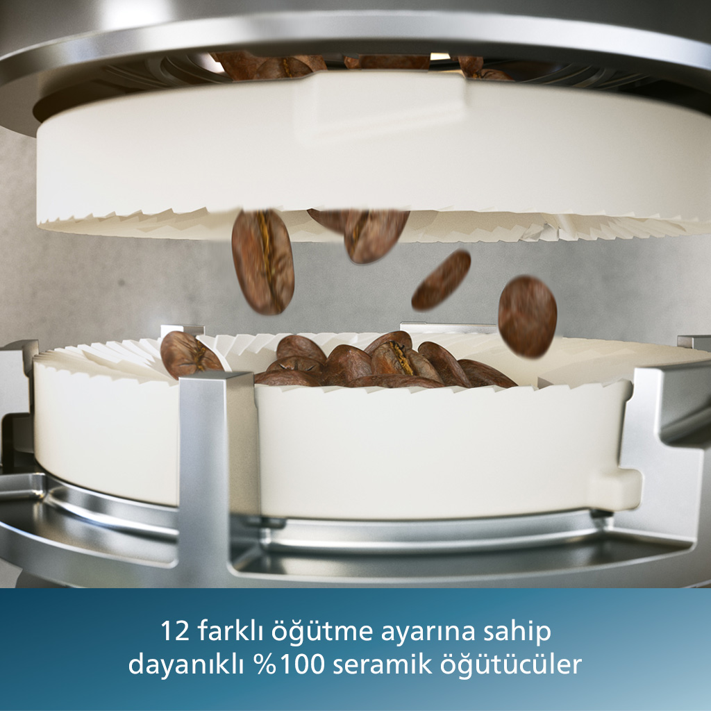 Kahve çekirdekleri bir öğütücüye düşüyor. Metin: 12 öğütme ayarı, %100 seramik öğütücüler.