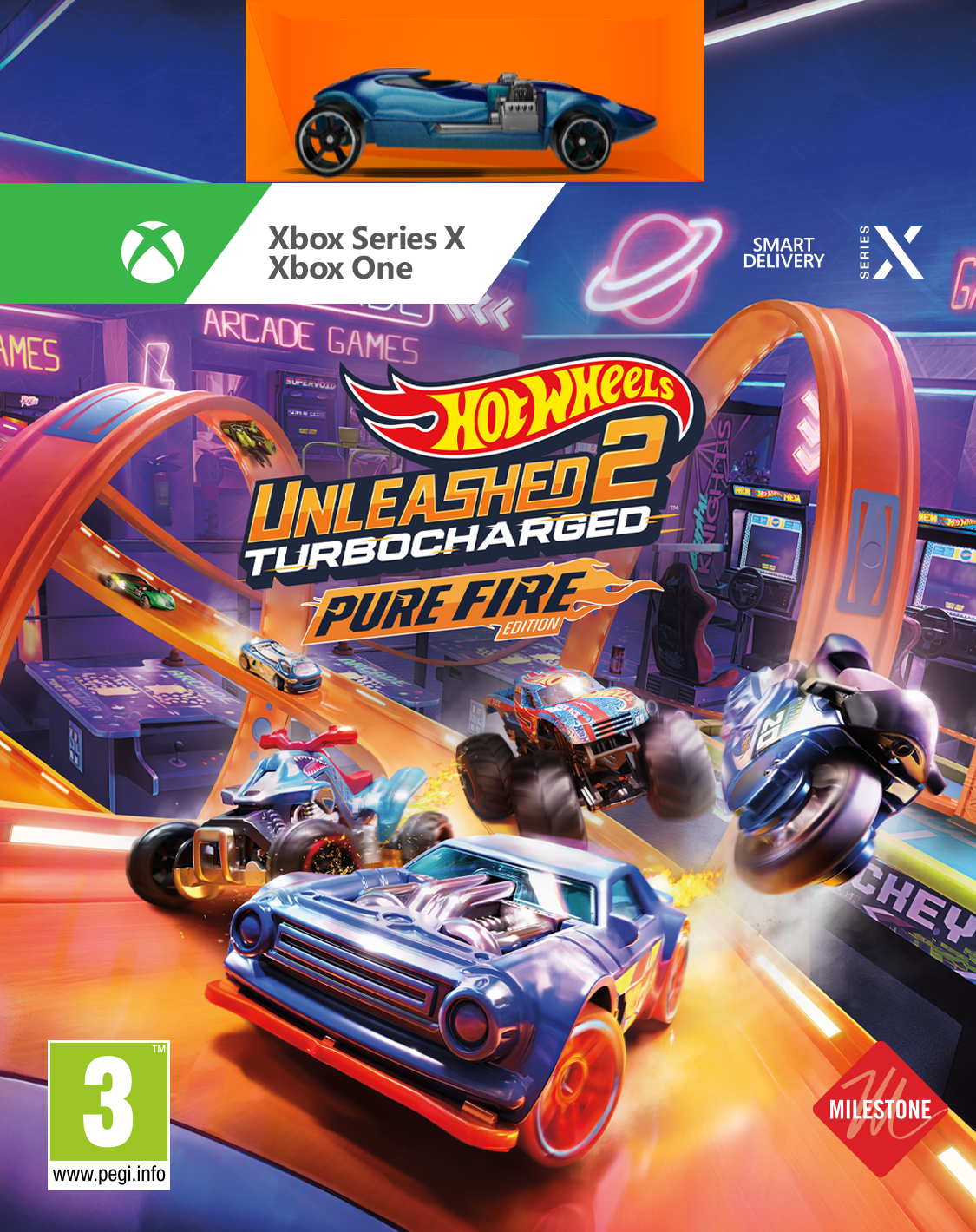 Okładka gry Hot Wheels Unleashed 2, z samochodami na torze. Widoczne logo Xbox Series X/S i Xbox One.
