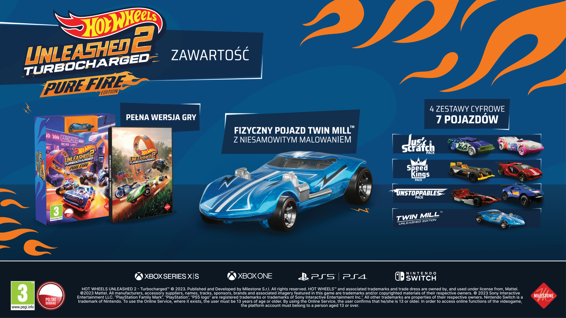 Obrazek pakietu gier Hot Wheels Unleashed 2. Zawiera grę, zabawkowy samochód i logo konsol.