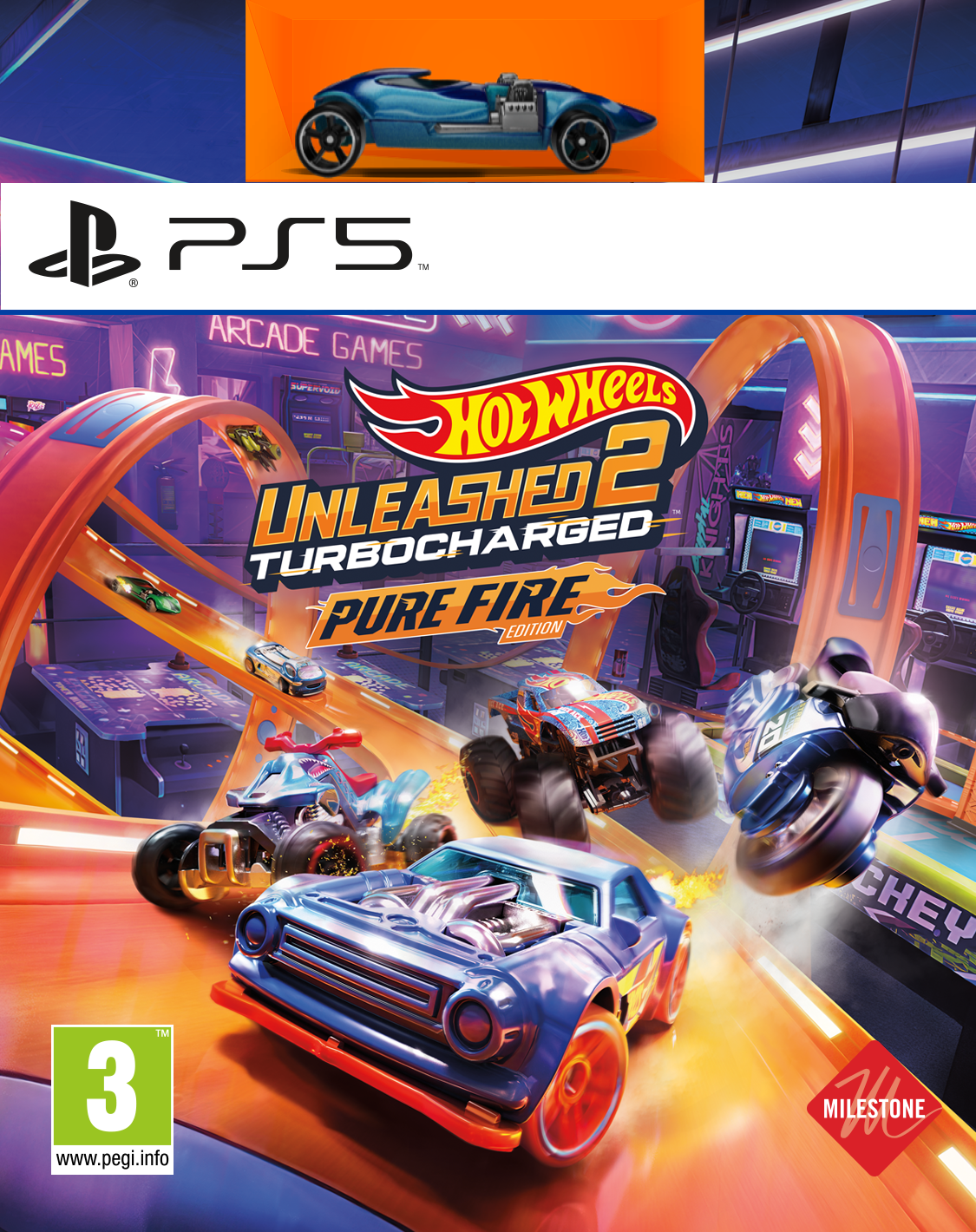 Okładka gry PS5: Hot Wheels Unleashed 2. Niebieski samochód z przodu i inne samochody w wyścigu.