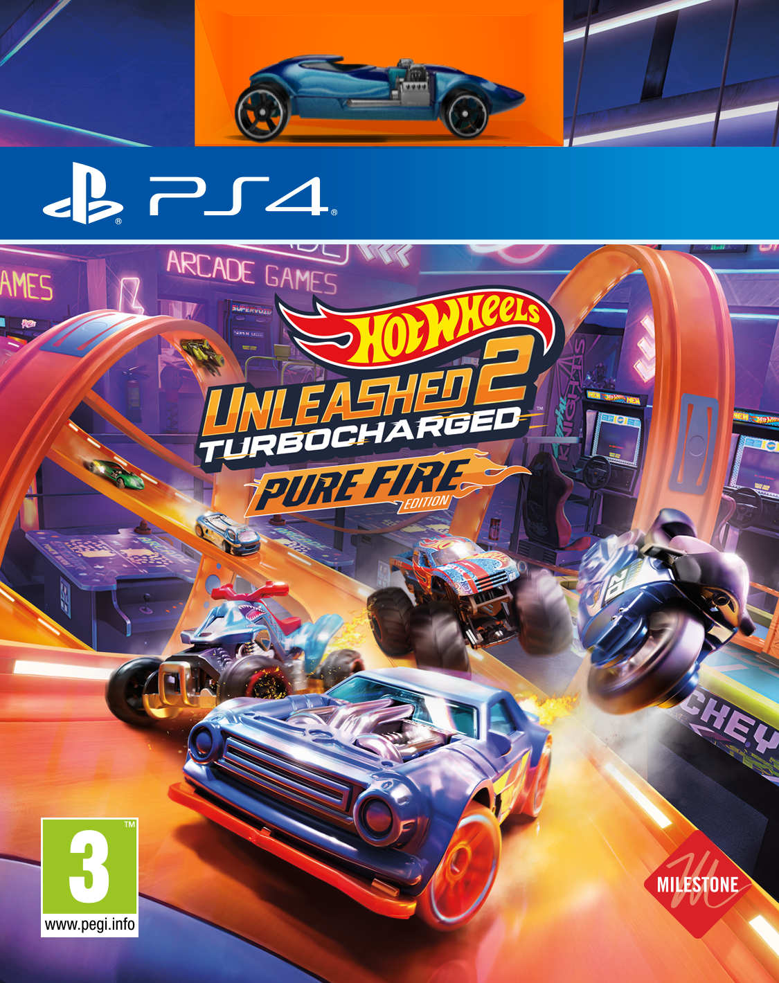 Okładka gry Hot Wheels Unleashed 2. Samochody na torze, logo PS4 na górze.