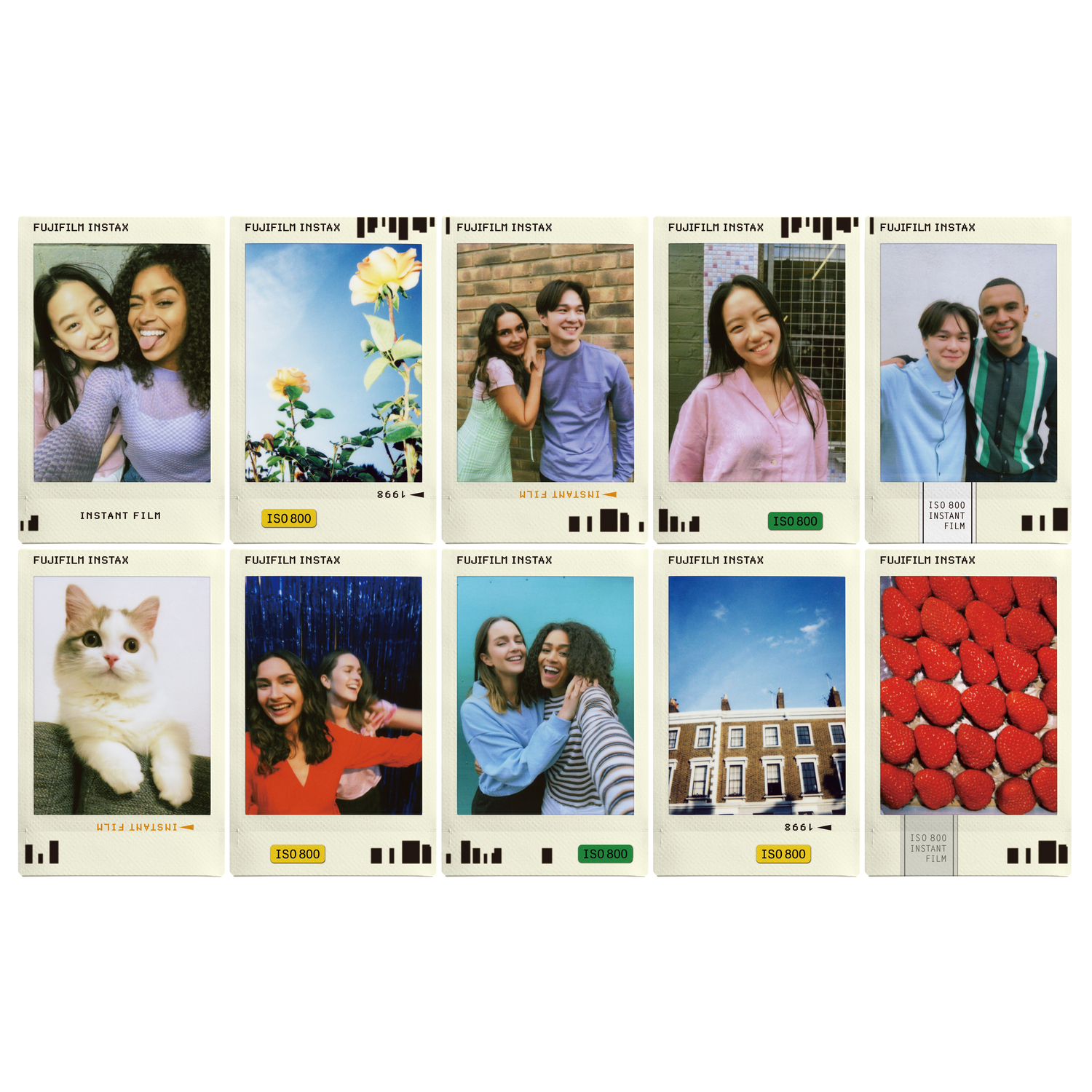 A collage of Fujifilm Instax photos with people, flowers, and objects.