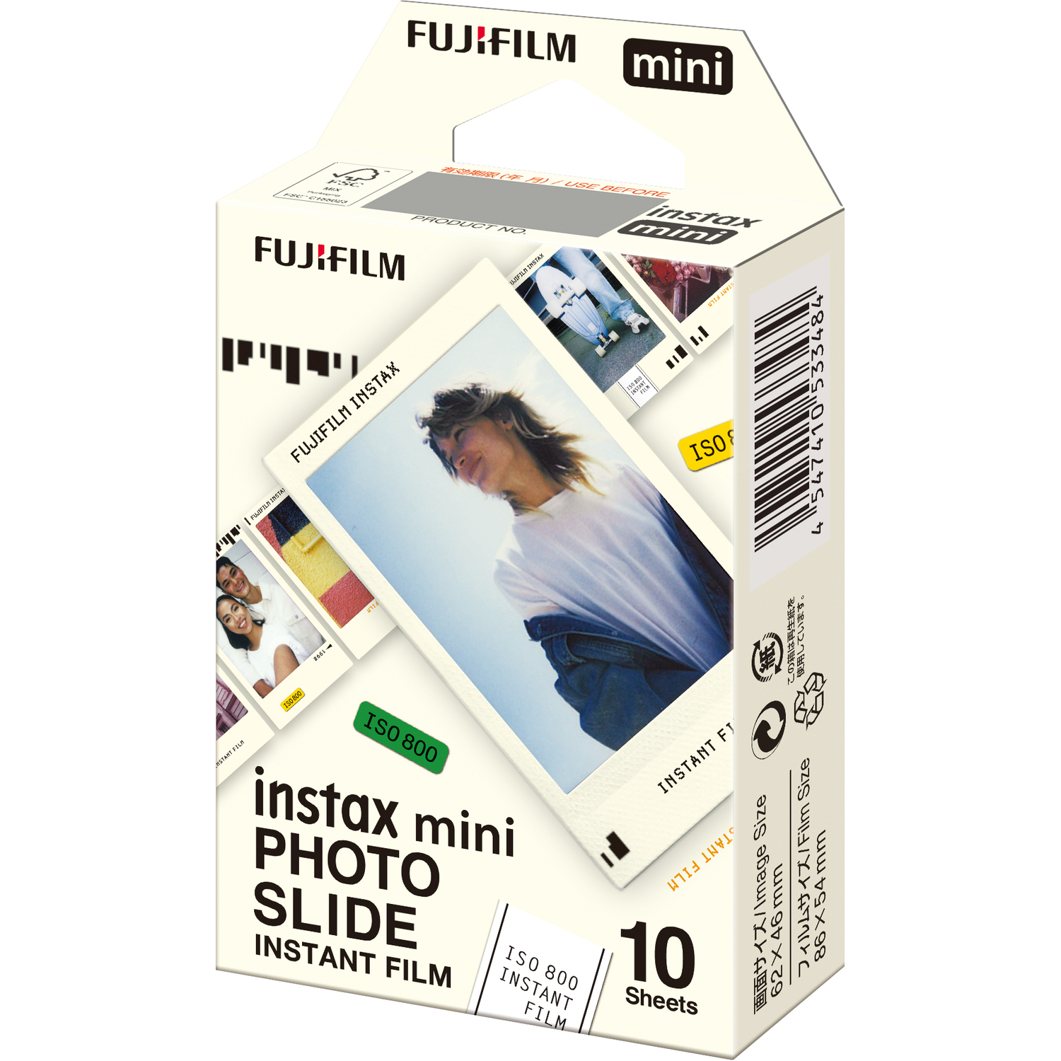 Box of Instax Mini photo slide film with a picture of a woman and product details.