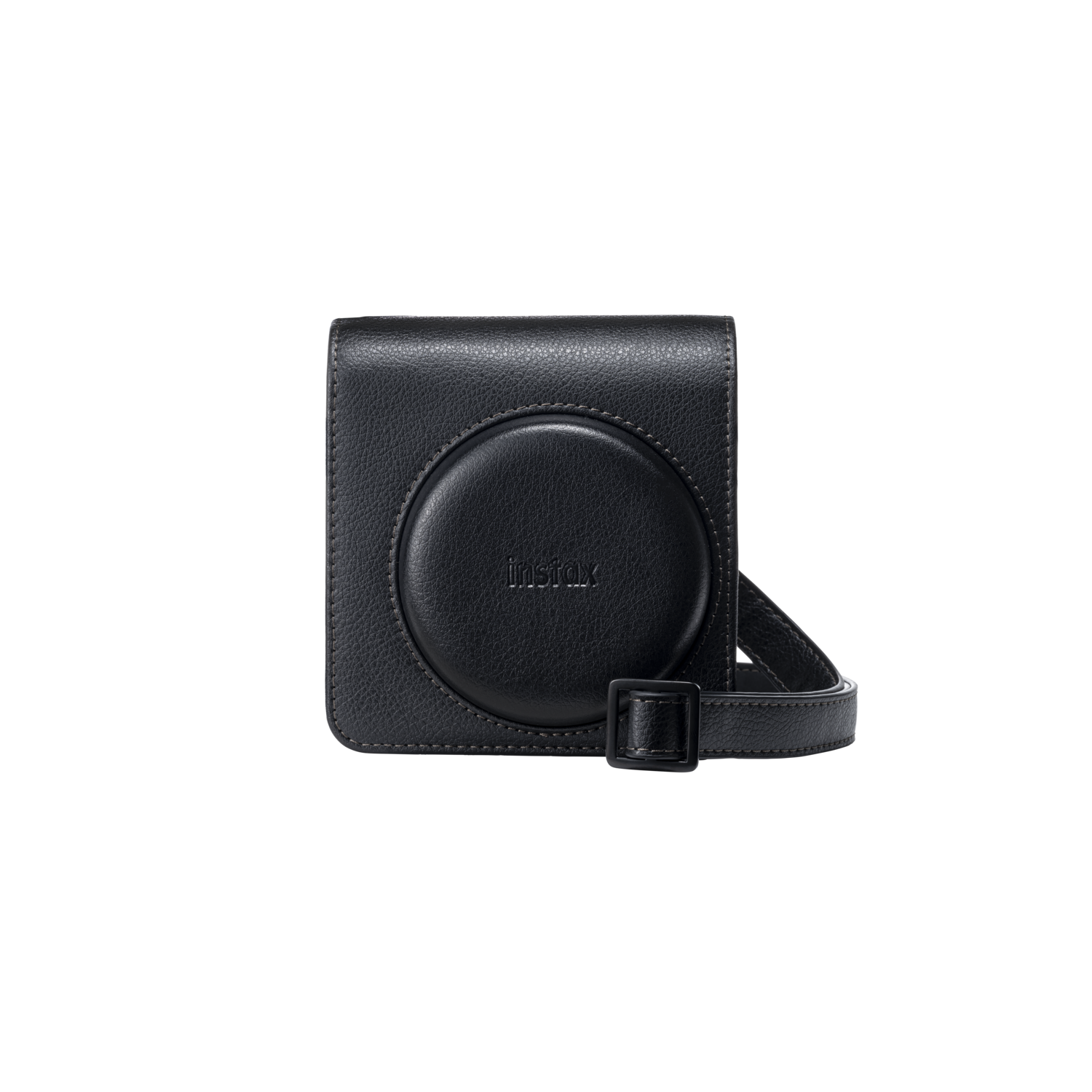 Zwarte Instax camerahoes met een riem. De hoes is vierkant, de camera zit erin.