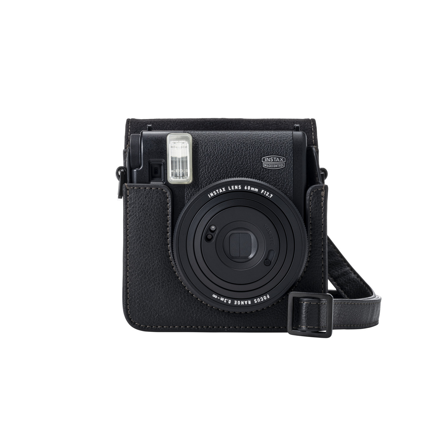 Een zwarte instantcamera in een zwarte lederen hoes.