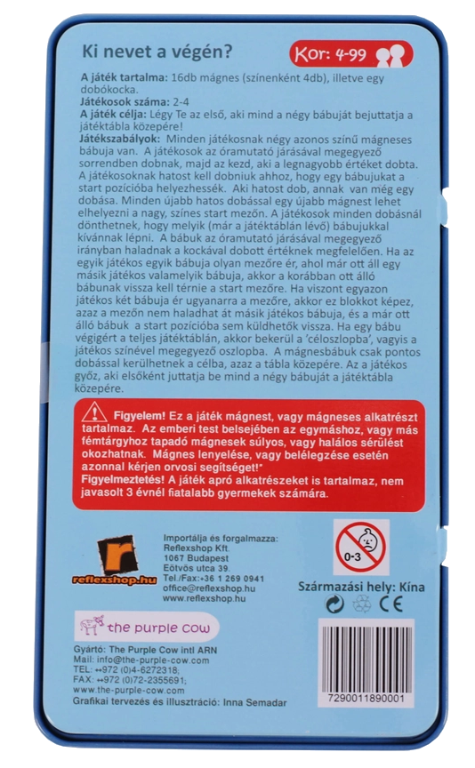 Egy társasjáték dobozának hátulja magyar nyelvű szöveggel. Vannak játékutasítások és figyelmeztetések.