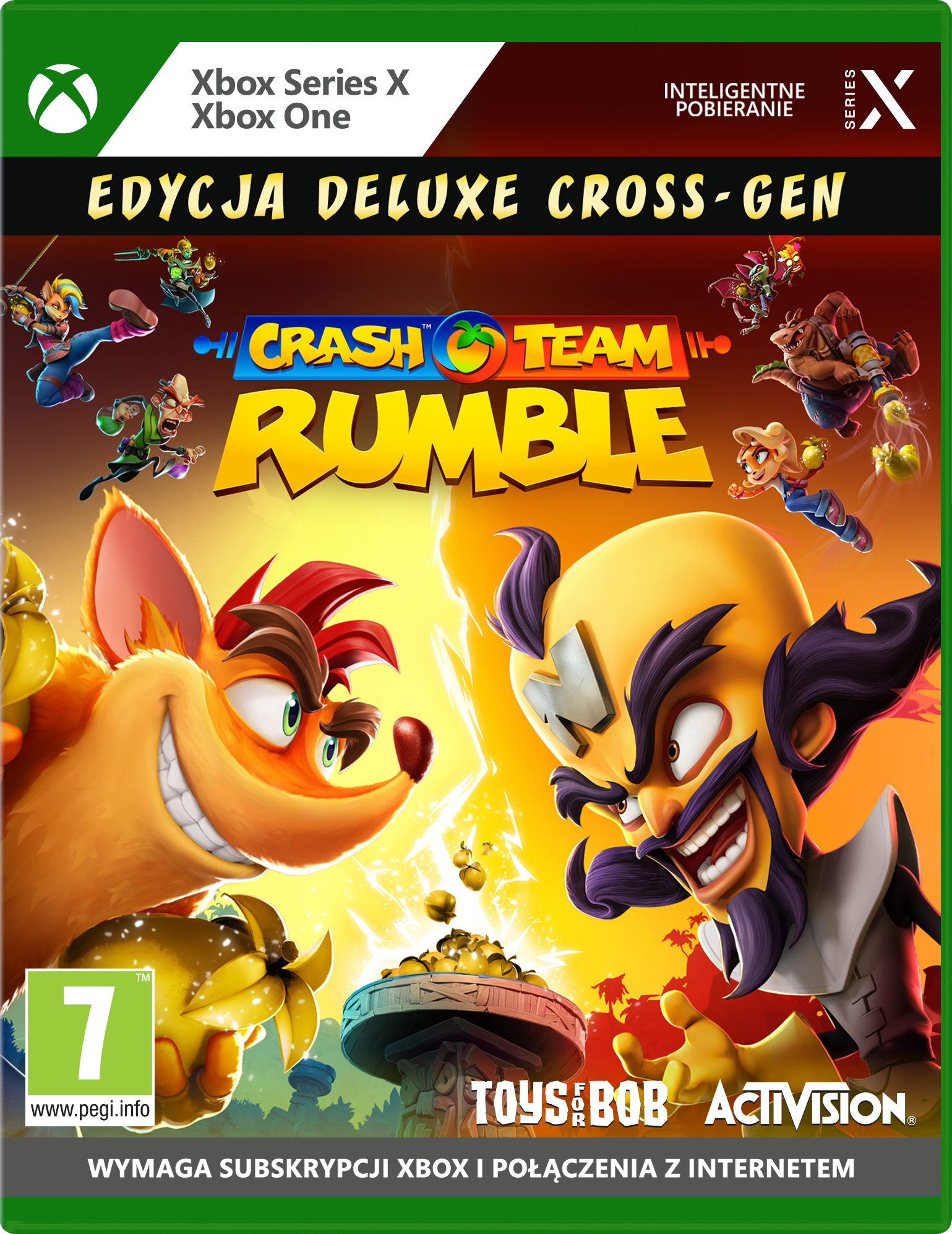 Grafika pudełka gry Crash Team Rumble. Crash i złoczyńca walczą, z innymi postaciami w dynamicznej scenie.