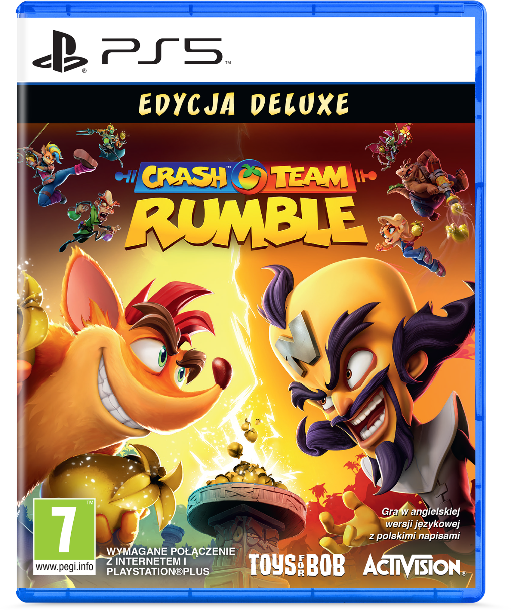 Pudełko z grą PS5: "Crash Team Rumble" z tytułem, postaciami i logo. Edycja Deluxe.