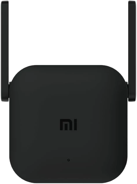 Fekete WiFi-hatótávnövelő két antennával. Az MI logó látható a készülék közepén.