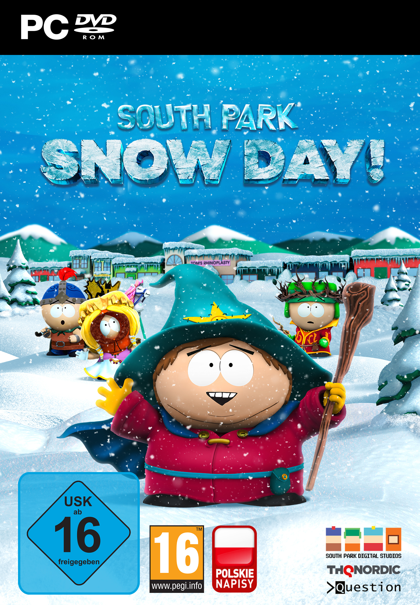 Okładka gry South Park: Snow Day! z postaciami i zaśnieżonym tłem.