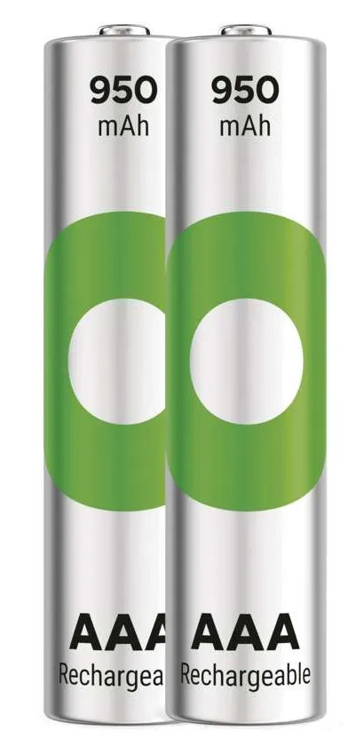 Dwie srebrne baterie AAA z zielonymi etykietami. Nadrukowano 950 mAh.